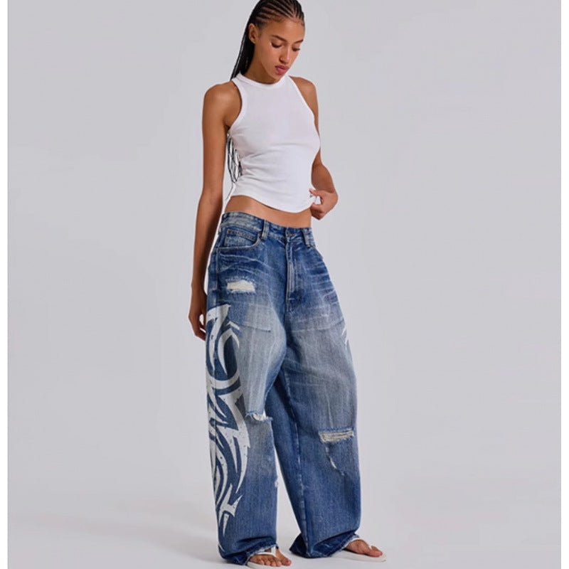 Womens Distressed Wide Leg Jeans