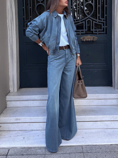 Light Blue Denim Cropped Jacket And Wide-leg Jeans Set