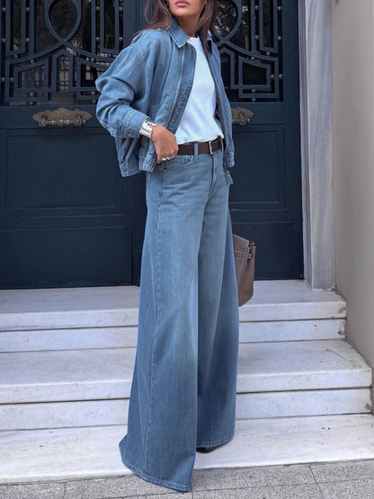 Light Blue Denim Cropped Jacket And Wide-leg Jeans Set